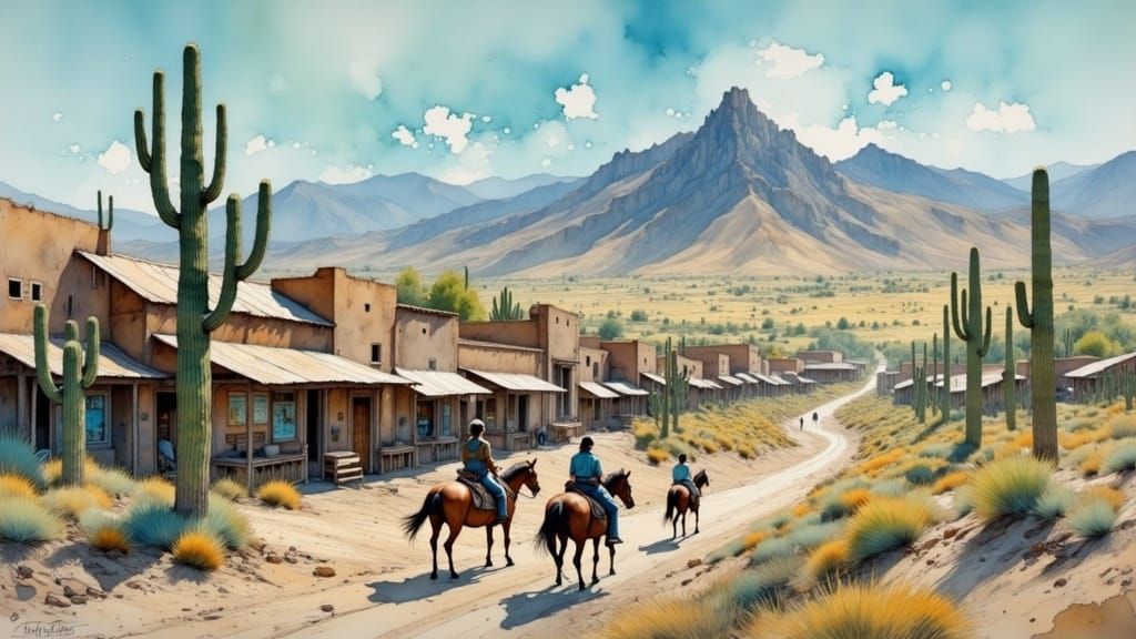Wild West Mexican Village Watercolor Comic Book Art
