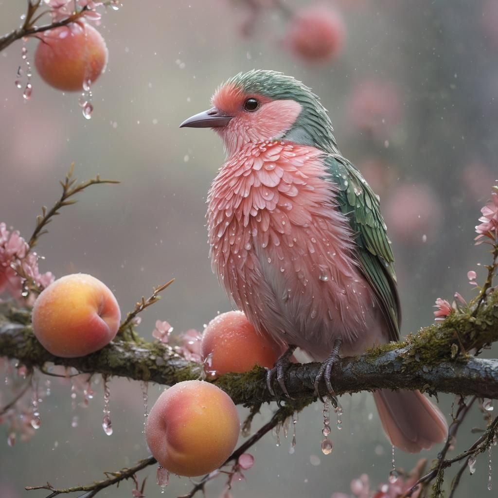 Pastel Bird with Dew Drops and Pink Peaches