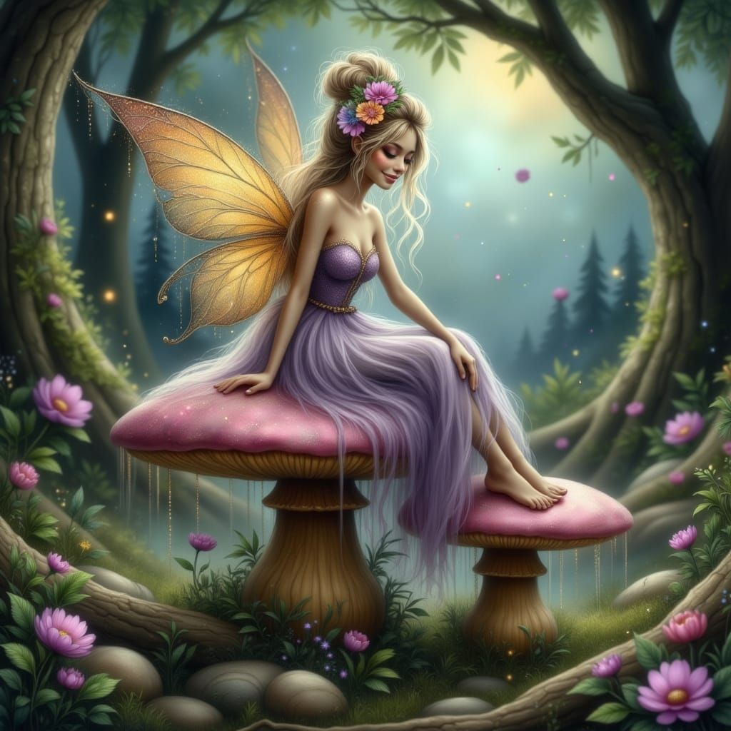 Enchanted Fairy Forest with Golden Wings