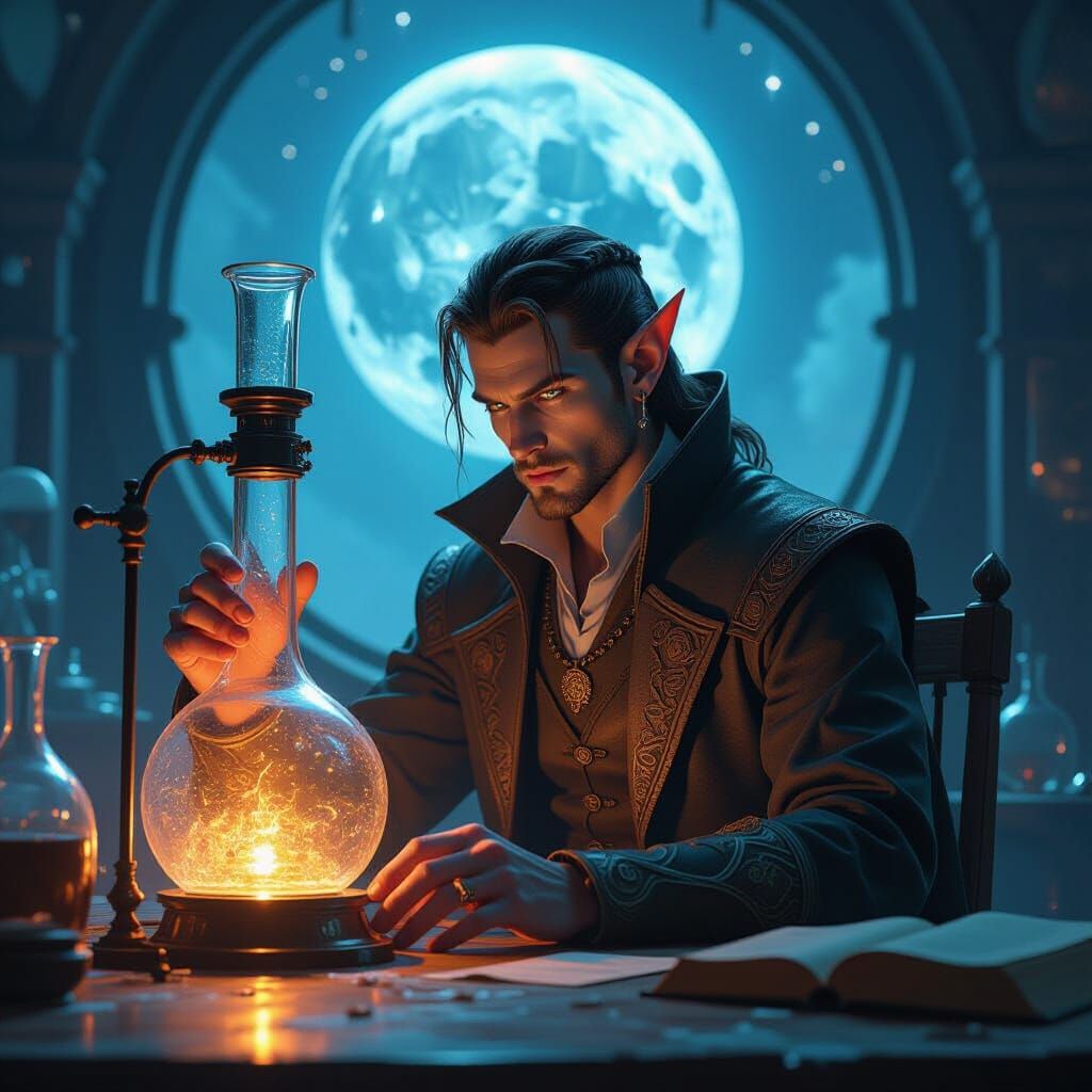 Elf Alchemist Works on Glassware Under Full Moon