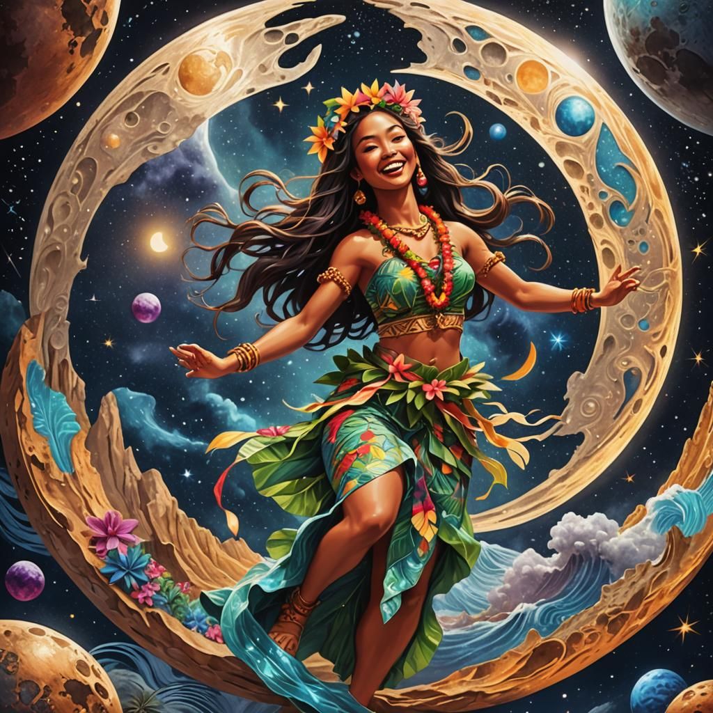 Hawaiian Hula Dancer on the Moon in Holographic Style