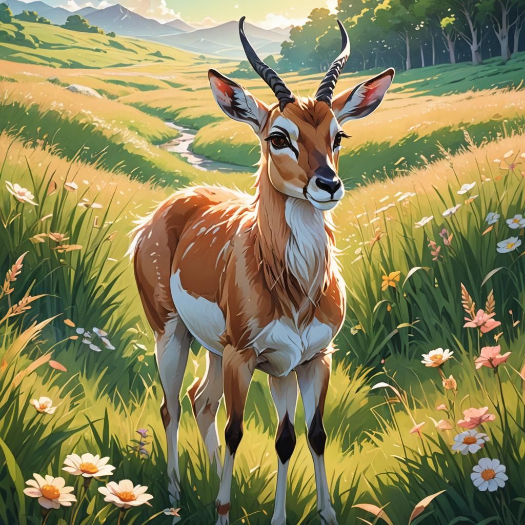 Anime Antelope in Sunlit Meadow: Manga Illustration