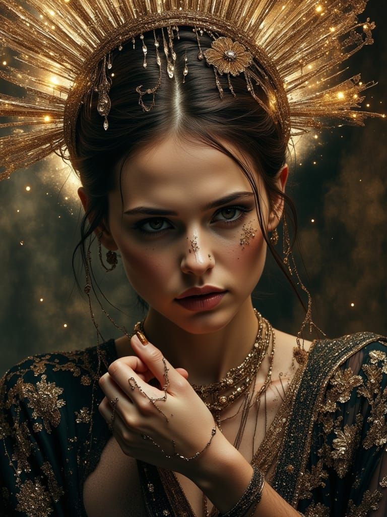 Woman in Ornate Dress with Dramatic Lighting