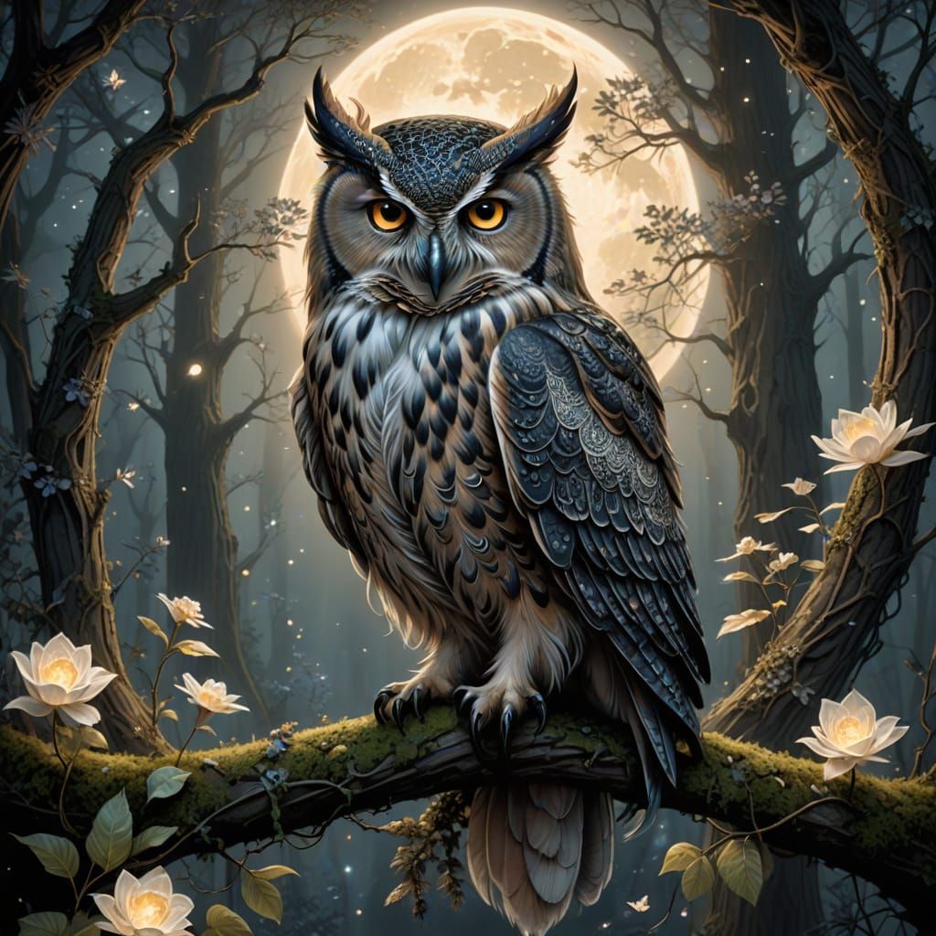 Moonlit Fantasy Forest with Majestic Owl and Petite Fairy