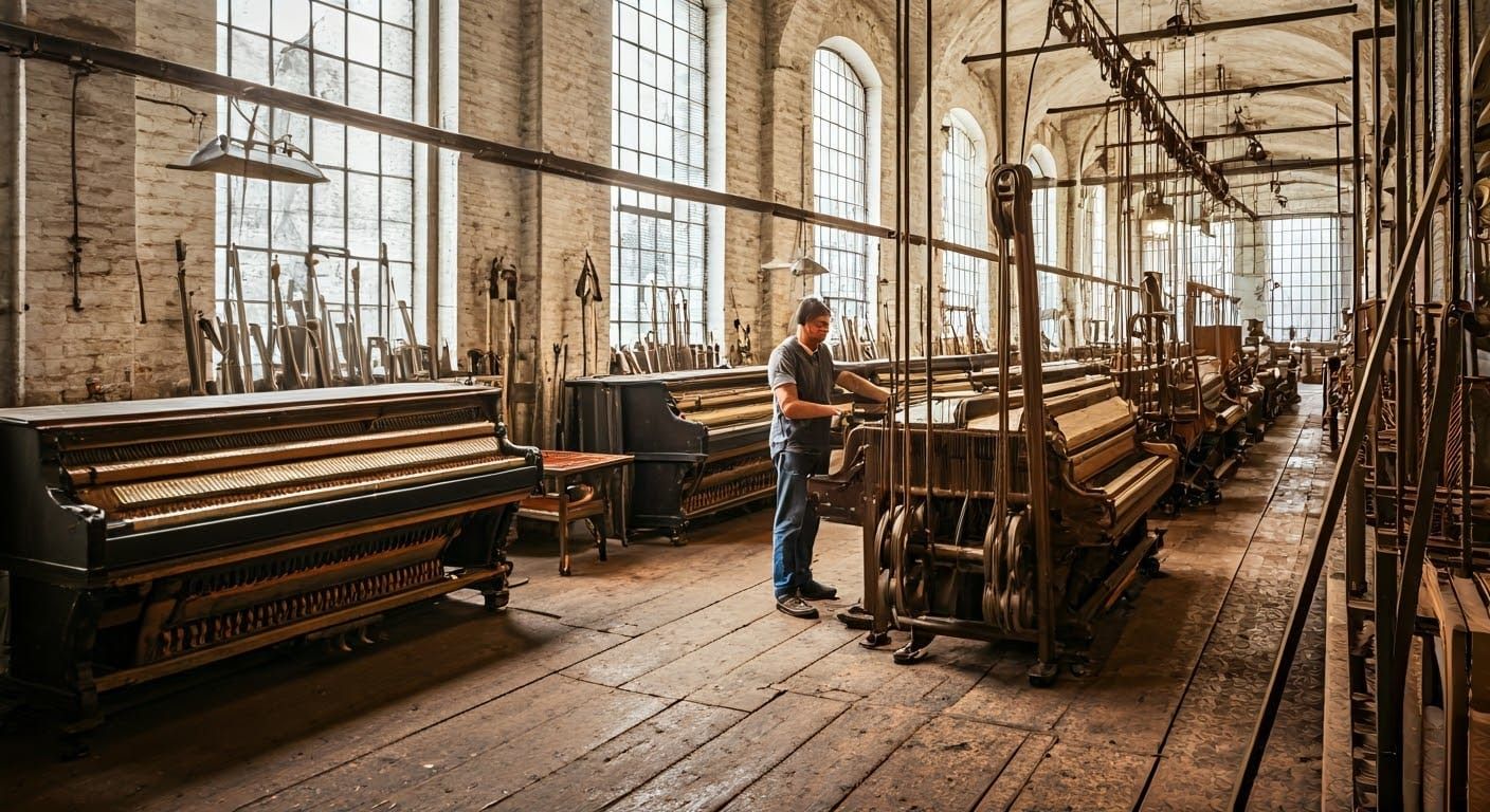 Old Piano Factory Interior with Workers