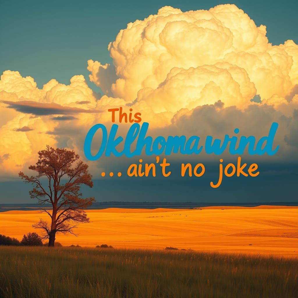 Oklahoma Sunset Prairie Landscape with Whimsical Folk Art Ty...
