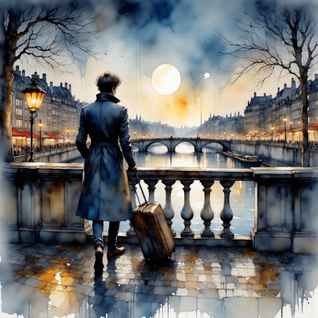 Elegant American Walks Alone Along the Seine at Dusk