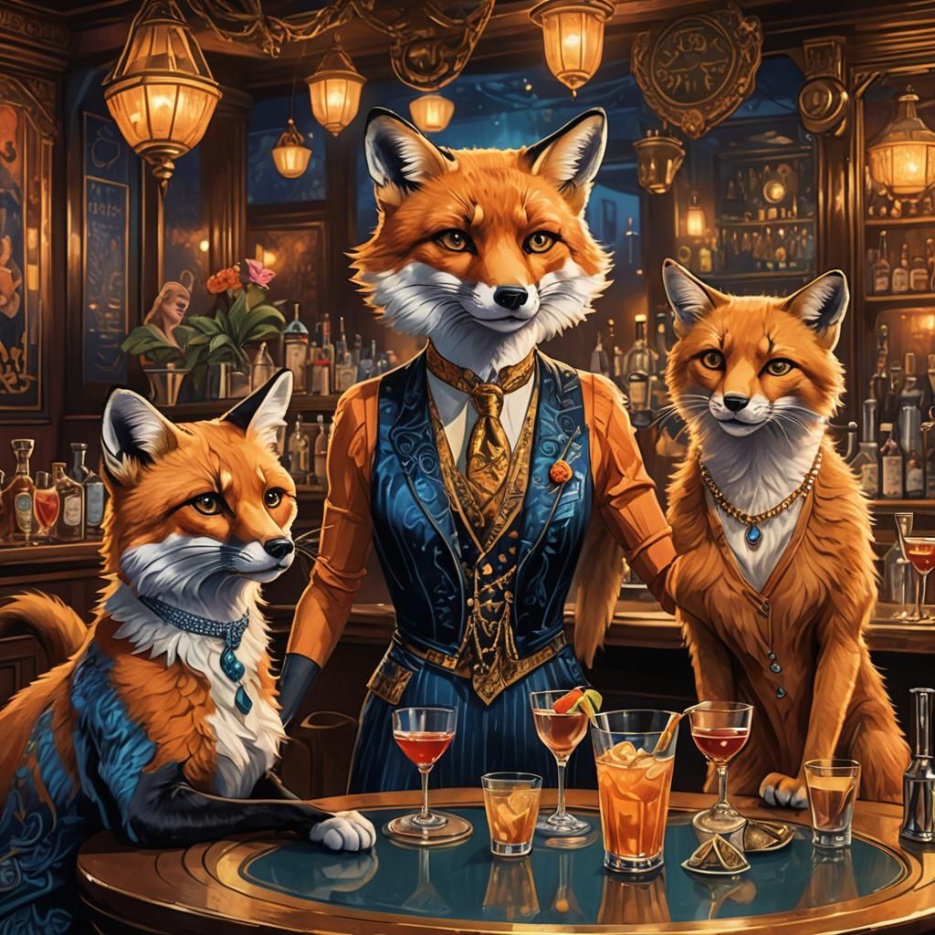 Fantasy Speakeasy with Fox Bartender in Art Deco Style