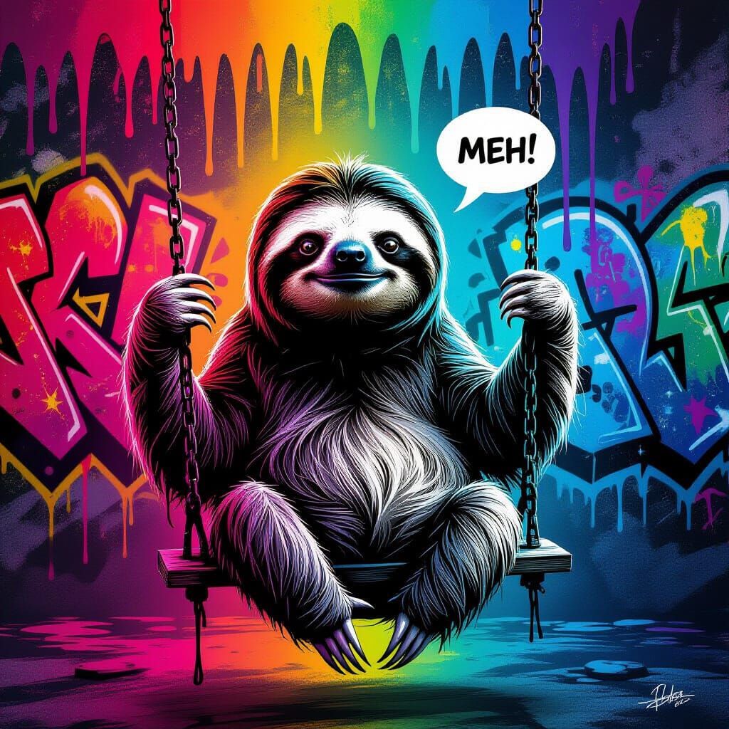 Sloth on Swing Saying Meh in Graffiti Style