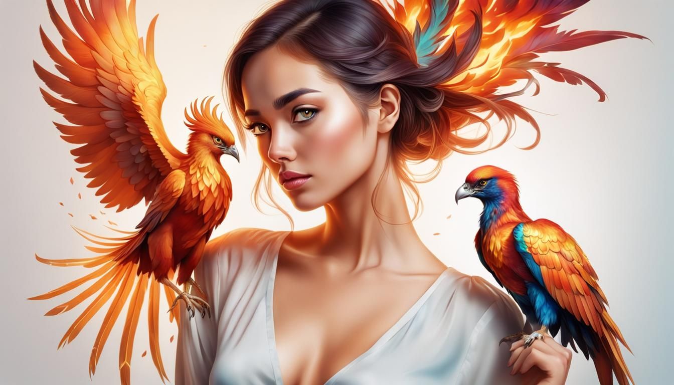 Woman with Phoenix Pet: Colorful Concept Art