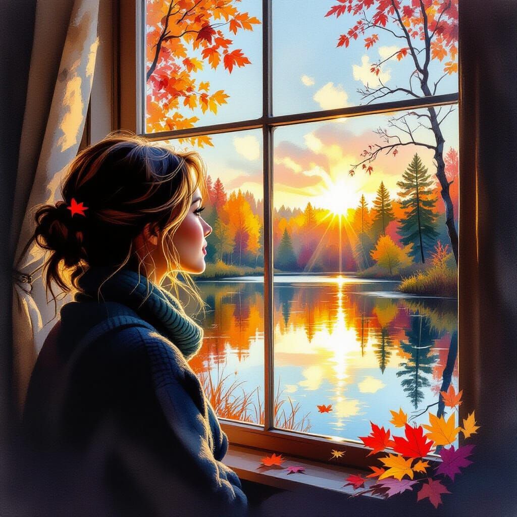 Autumn Window Scene with Woman, Nature's Reflection