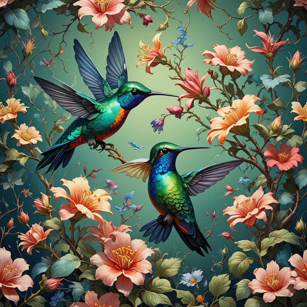 Iridescent Hummingbird and Flowers in Cel Shading
