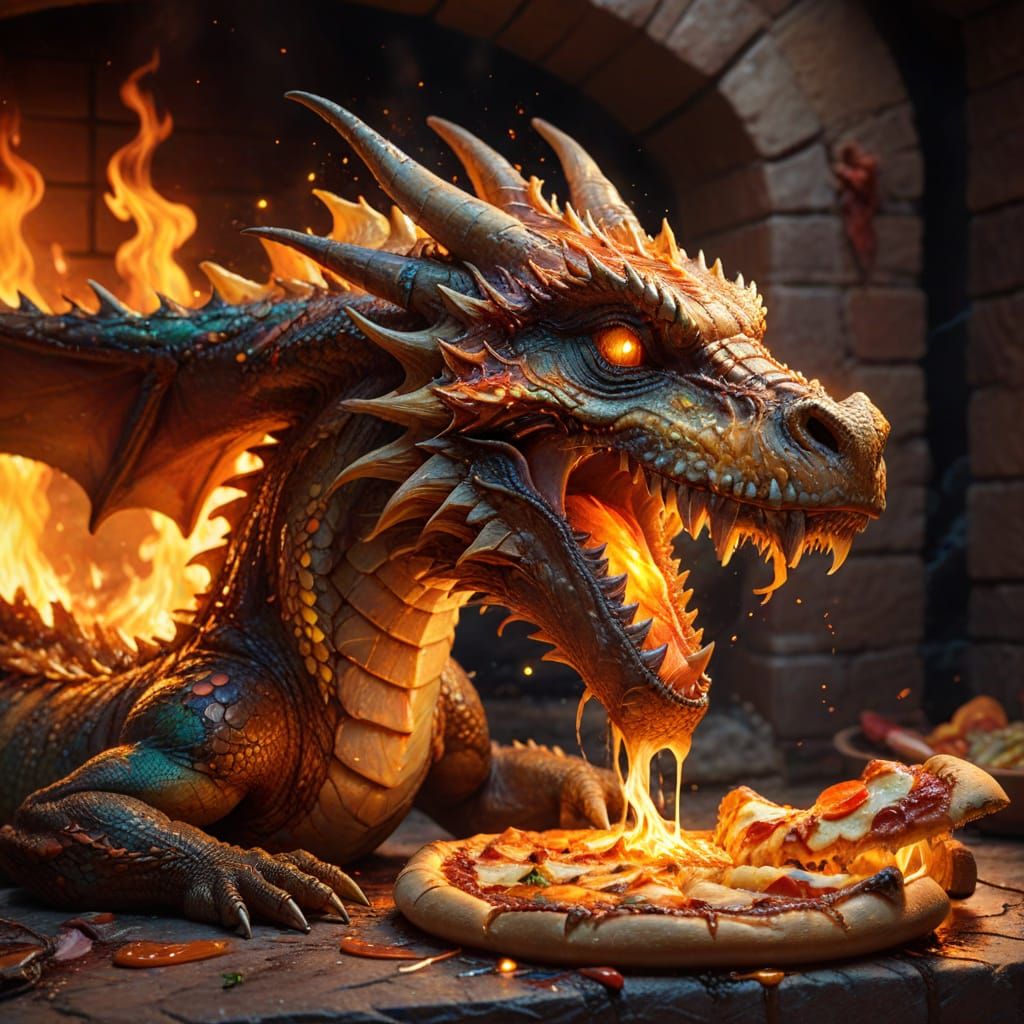 Dragon Eats Pizza: Vibrant Oil Painting in Oven