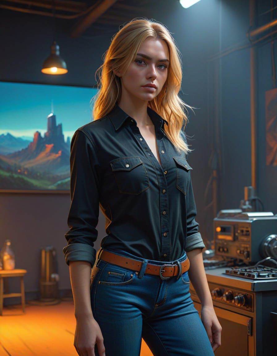 Confident Young Woman in Hyperrealistic Splash Art