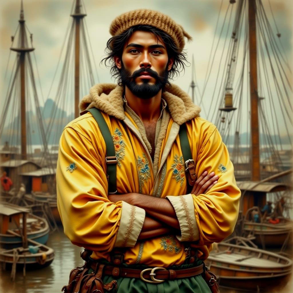 A Dock Worker's Whimsical Portrait in Vibrant Watercolor