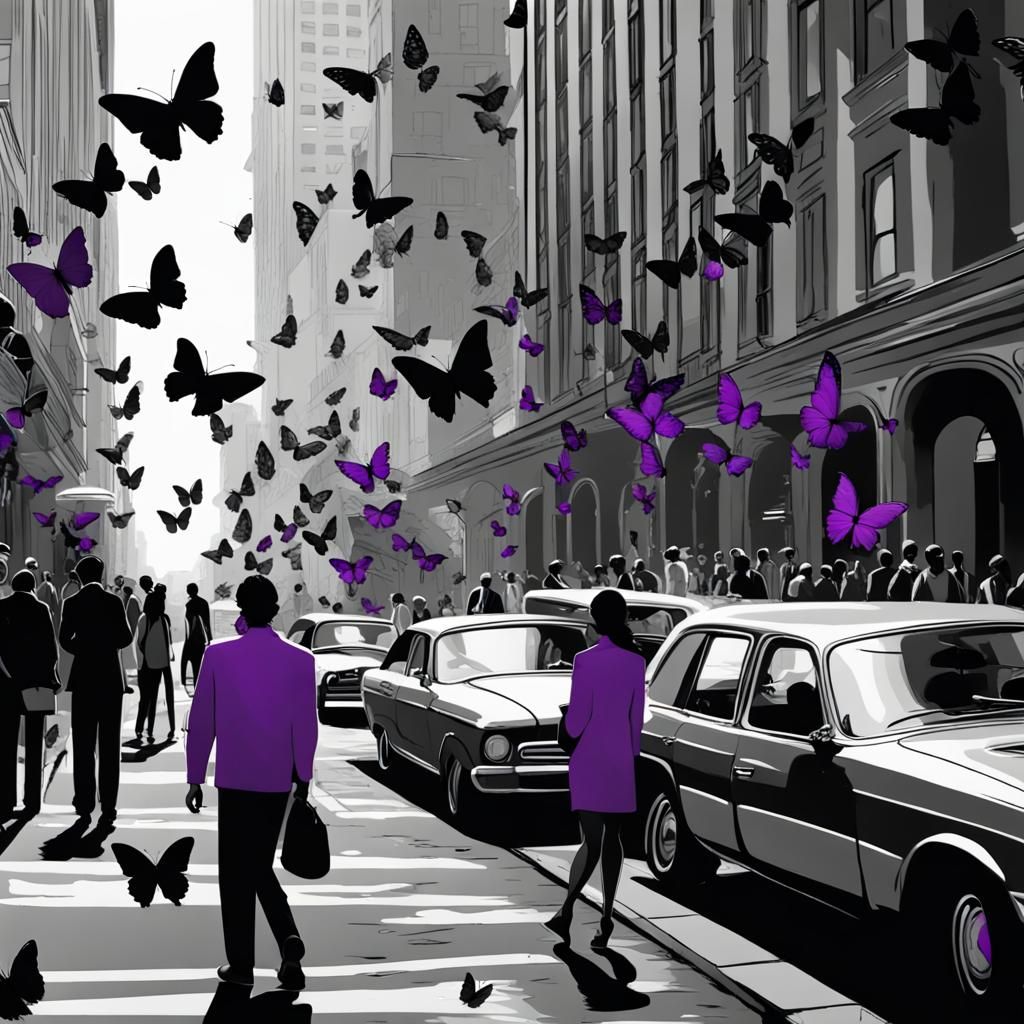 Single Purple Butterfly in Busy Cityscape