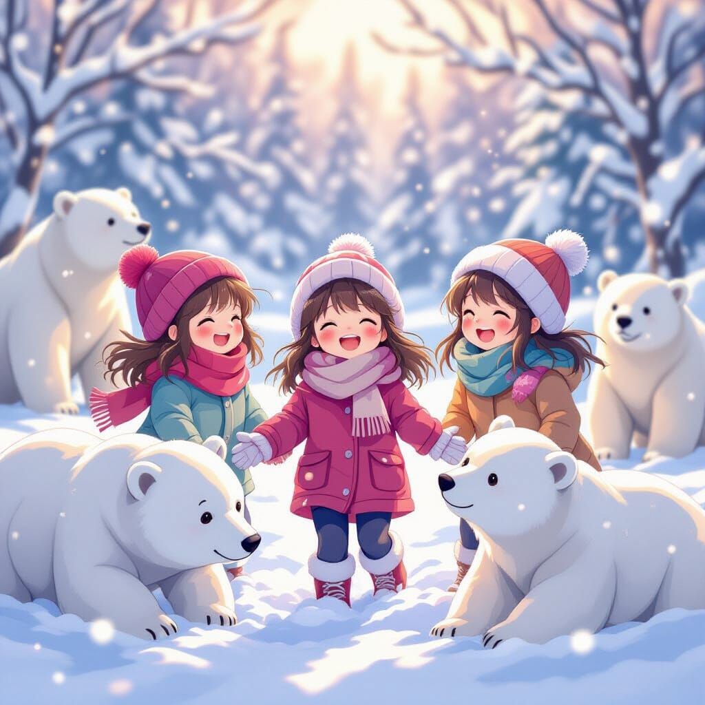 Girls and Polar Bears Play in Snowy Anime Landscape