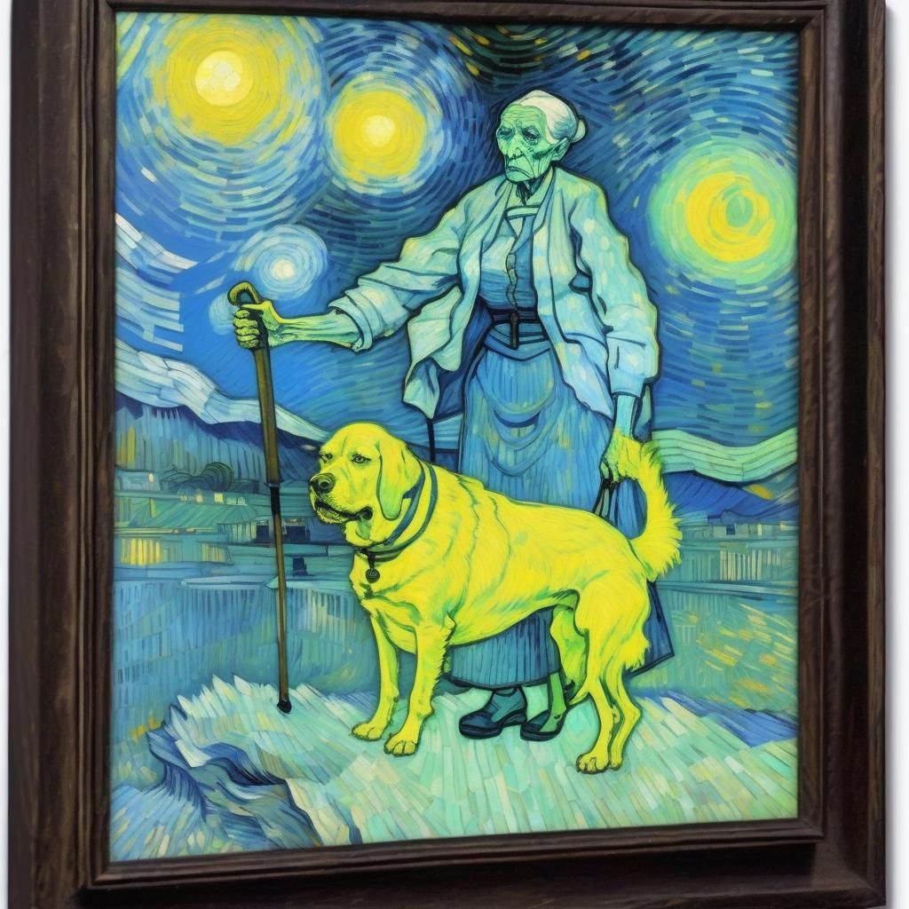 Fluorescent Dog and Old Woman: Surreal Impressionism