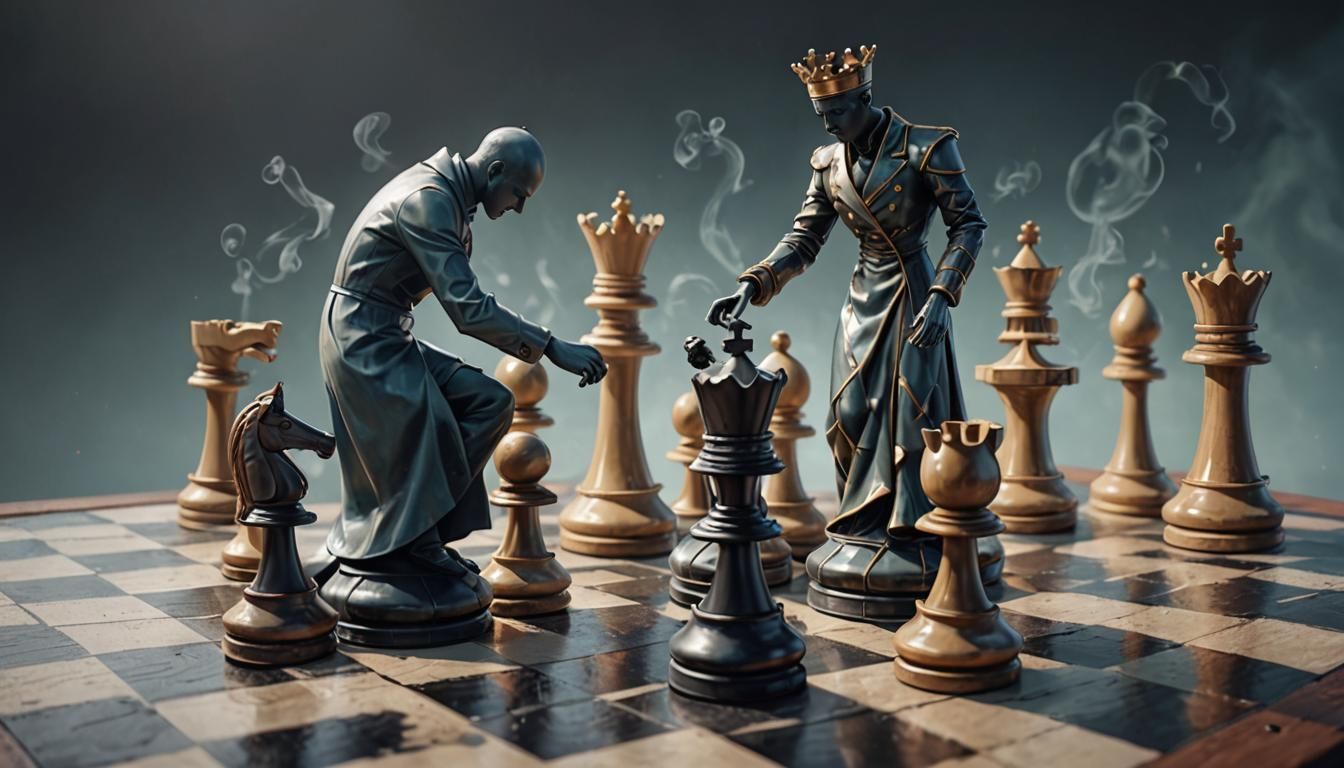 chess pieces with human figure playing a game move on a checkerboard, surreal, whimsical, character design, detailed, di...