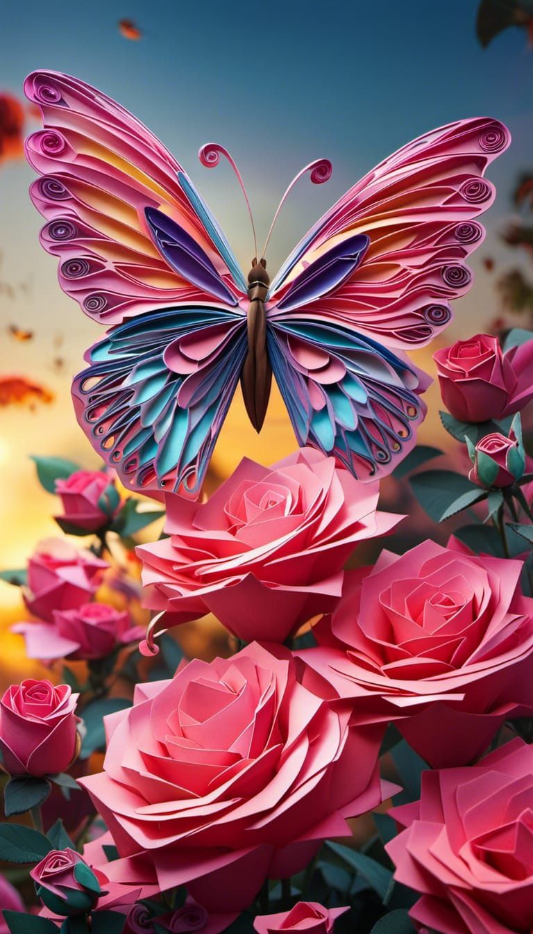 Colorful Origami Butterfly on Rose at Sunrise