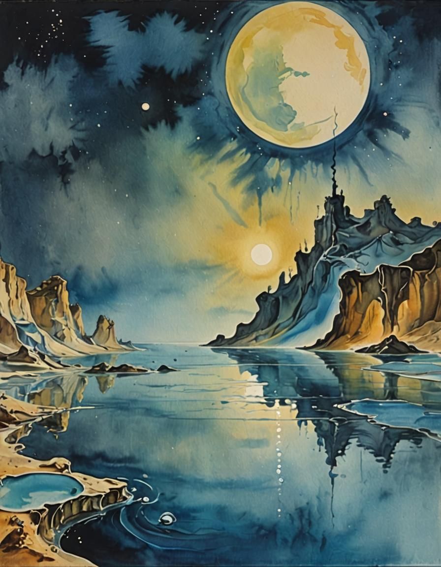 Surreal Watercolor of Moonlight on Water