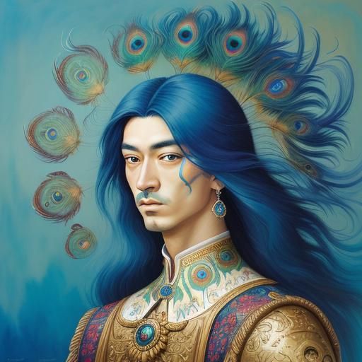 Surreal Asian Man Portrait with Peacock Feathers, Digital Ar...
