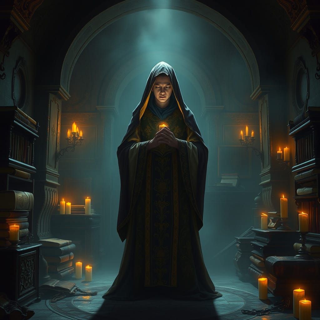 Mystic Figure Prays in Enchanted Closet Sanctuary