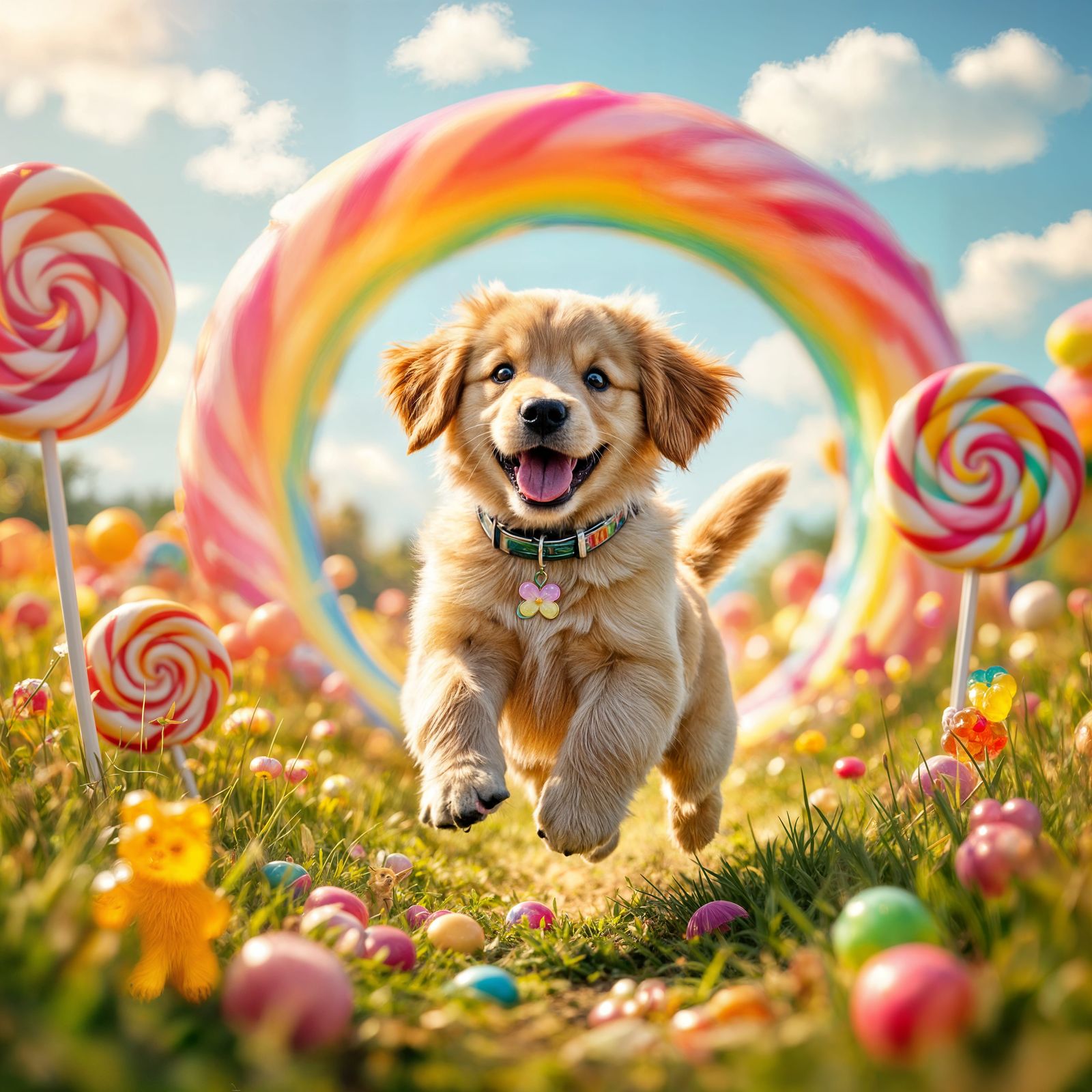 Golden Retriever Puppy Leaps into Candy Dimension