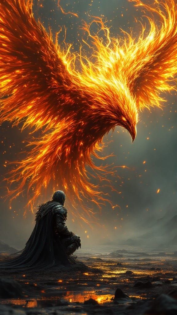 Surreal Knight Confronts Majestic Phoenix in Grimdark Fantas...