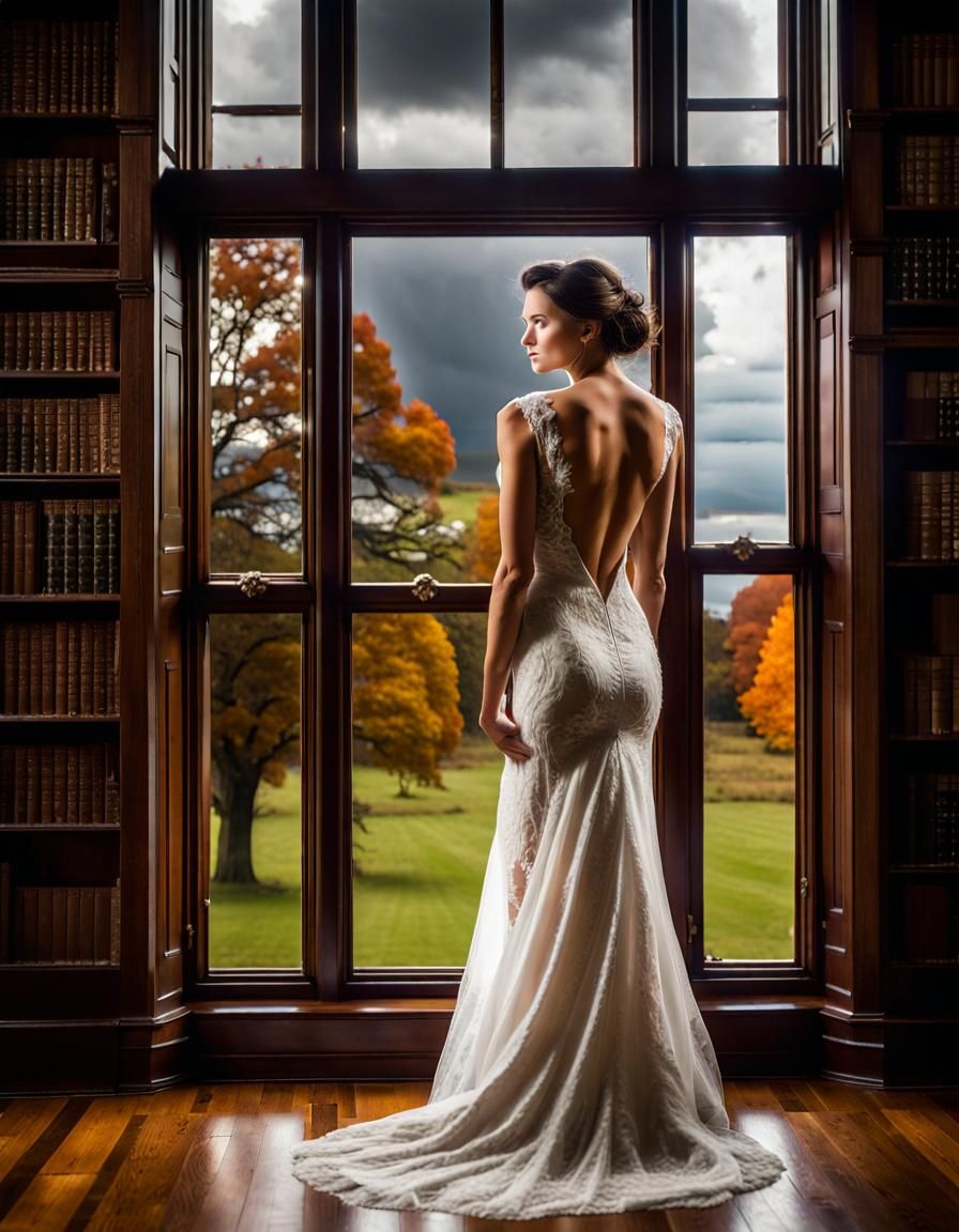 Brunette Bride Gazing Out at Lightning Storm