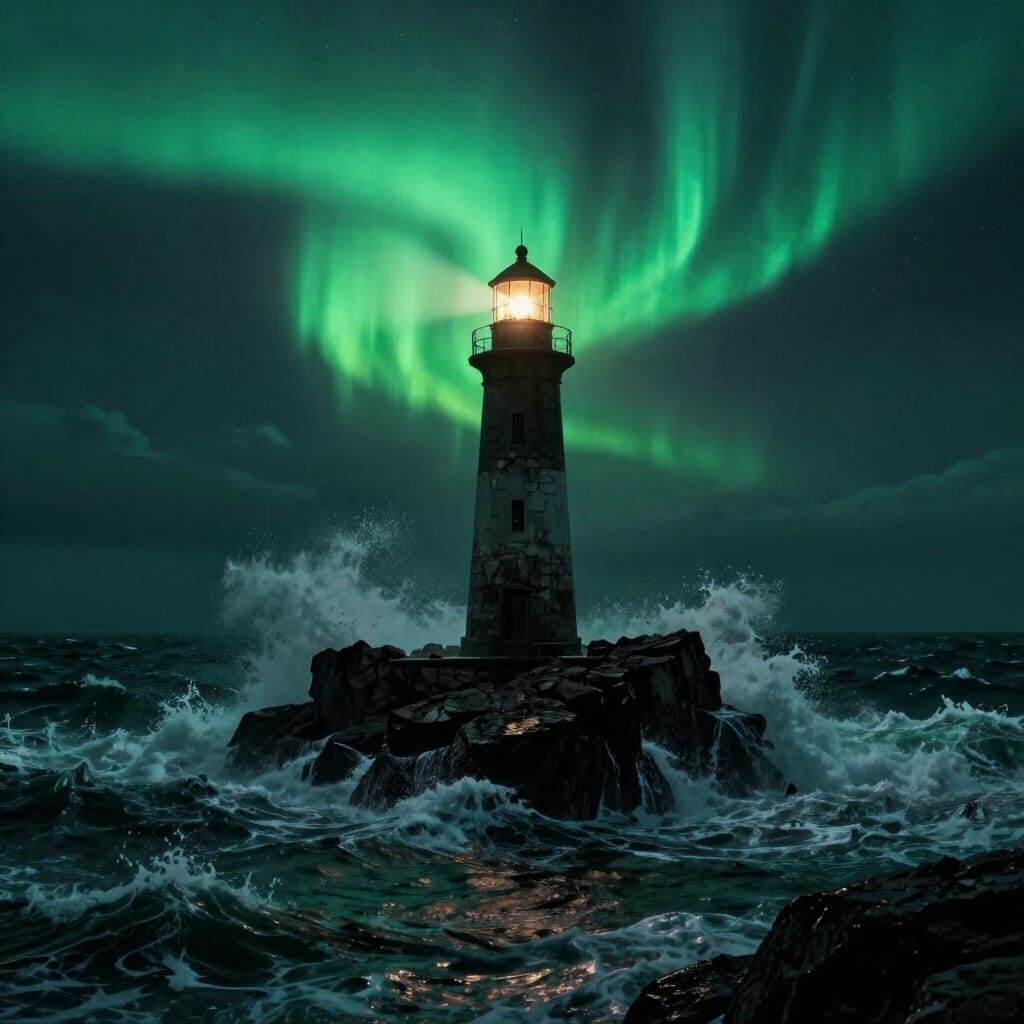 Lighthouse in Emerald Aurora Storm