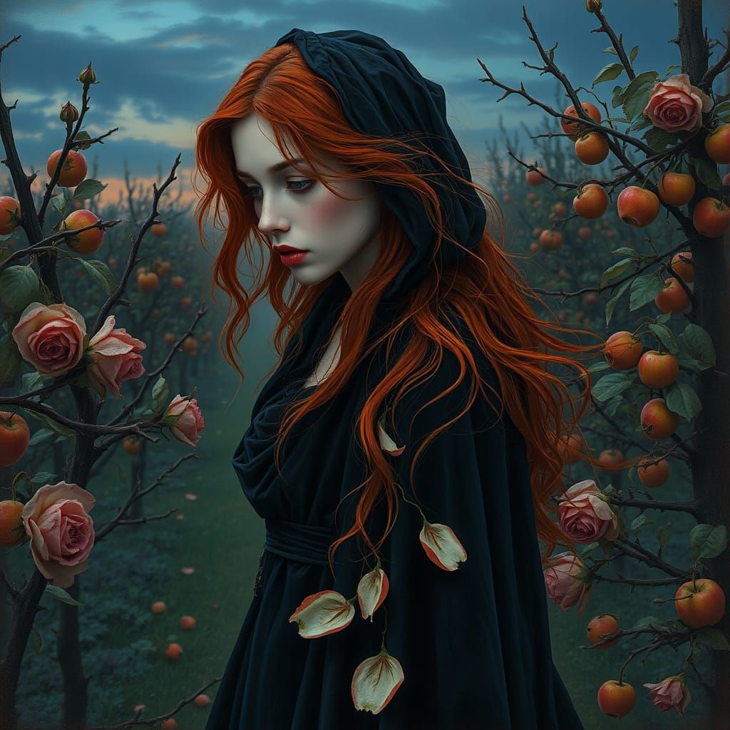 Ethereal Woman in Overgrown Orchard: Hyperrealistic Image