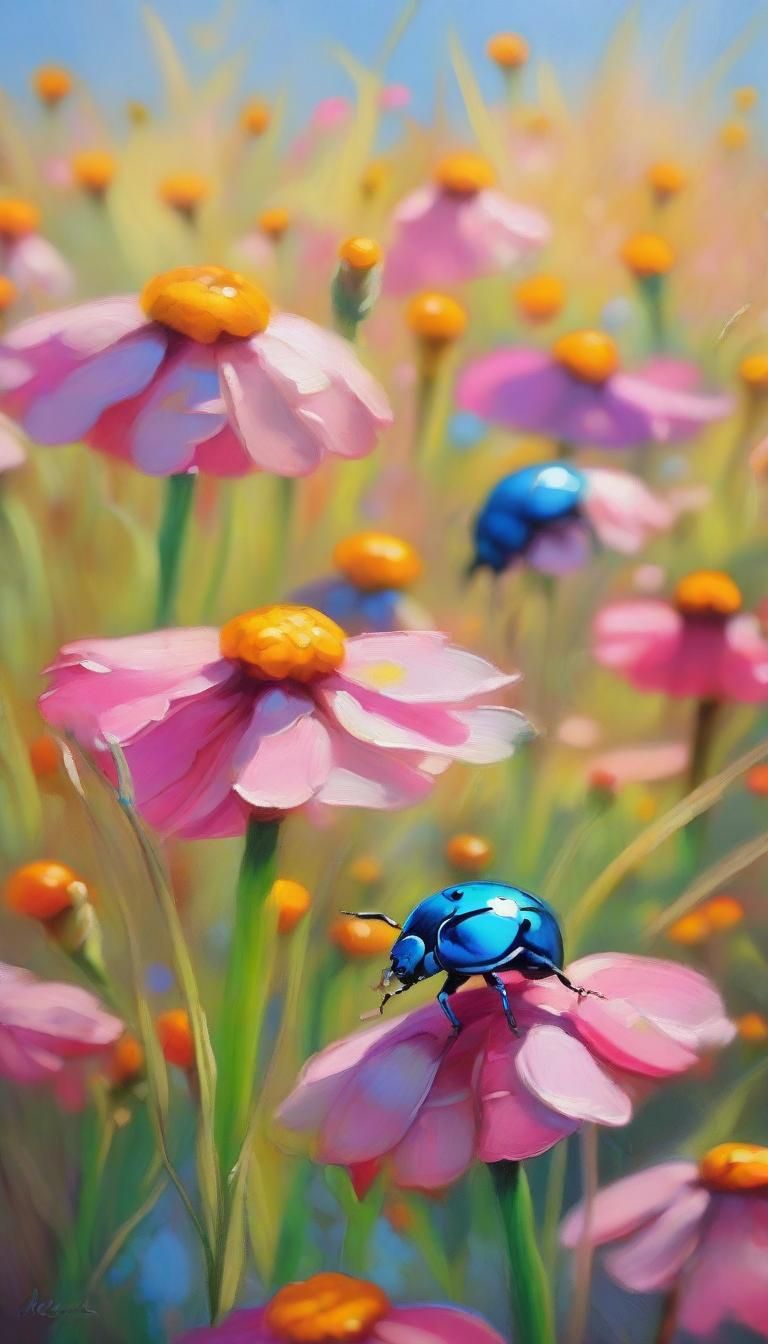 Beetles and Blossoms as Impressionist Oil Painting