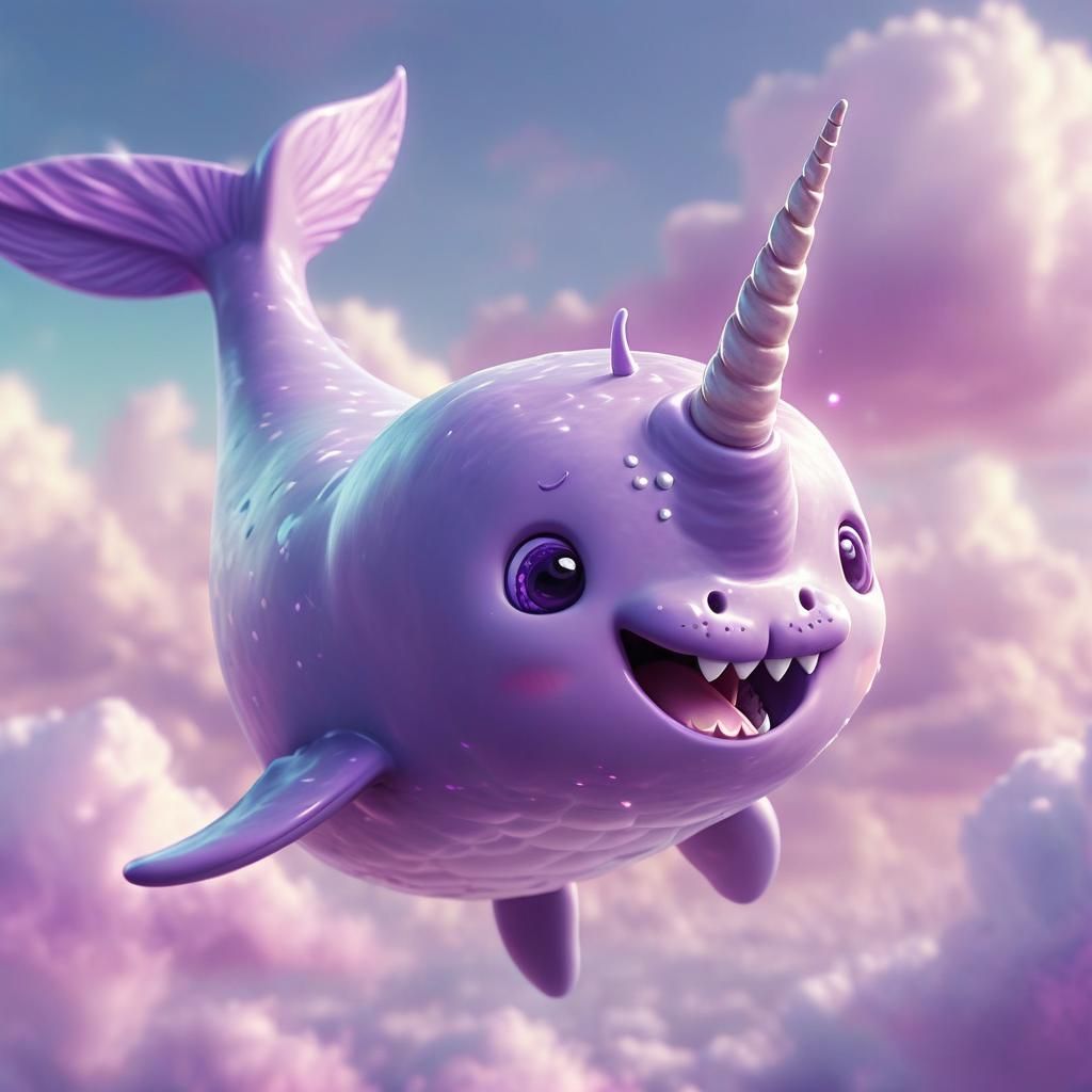 Cute Purple Narwhal Soaring Through Cloudy Sky