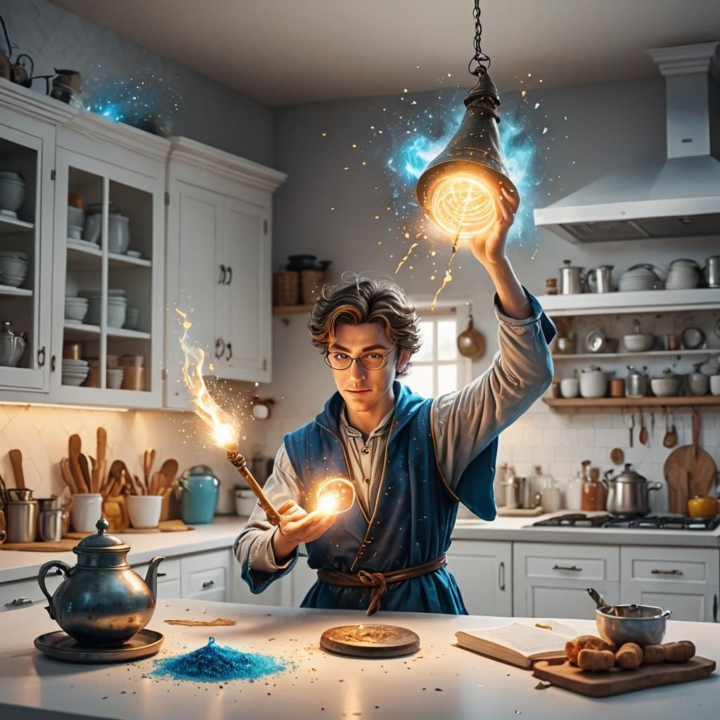 Young Wizard Creates Magical Lamp: Fantasy Illustration