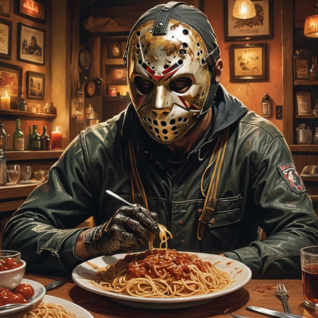 Jason Voorhees Struggles with Spaghetti, Hyperrealistic Art