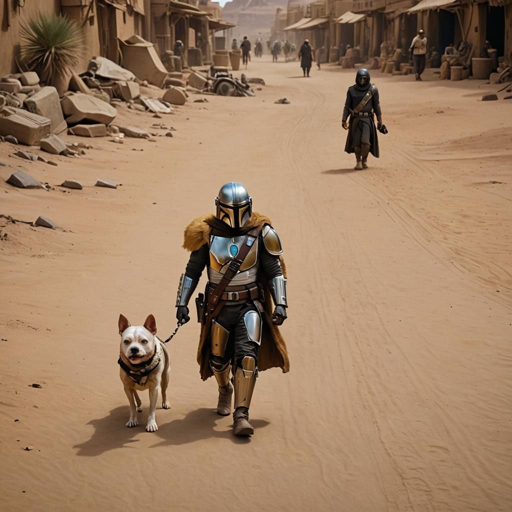 Mandalorian Walks a Pit Bull on Tatooine