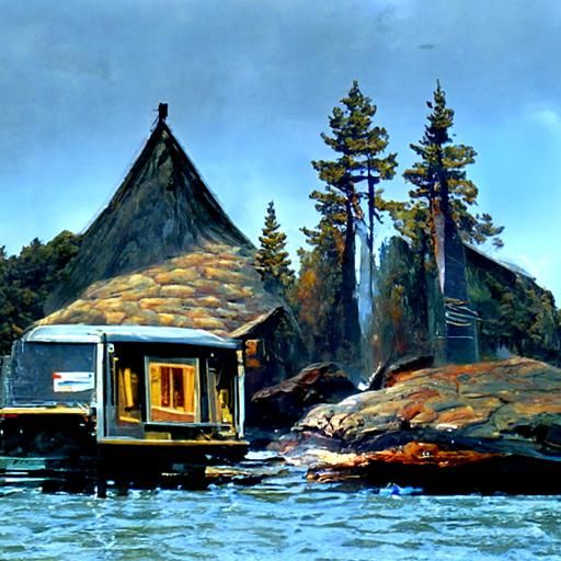 Lakeside Cabins: An Oil Painting Masterpiece