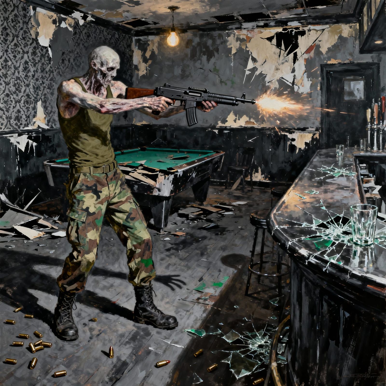 Expressionist Horror: Headless Zombie Merc Fires Gun