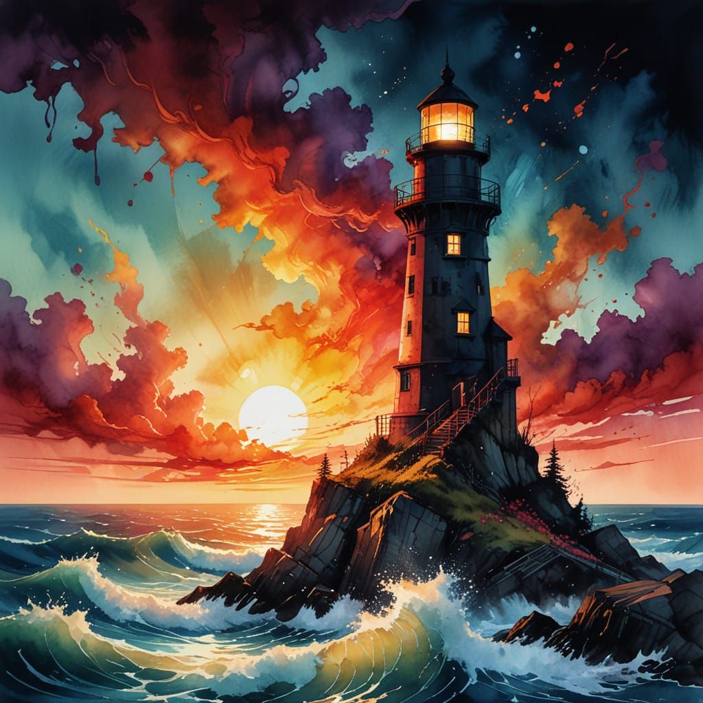 Dreamlike Lighthouse Scene in Vibrant, Neon Colors