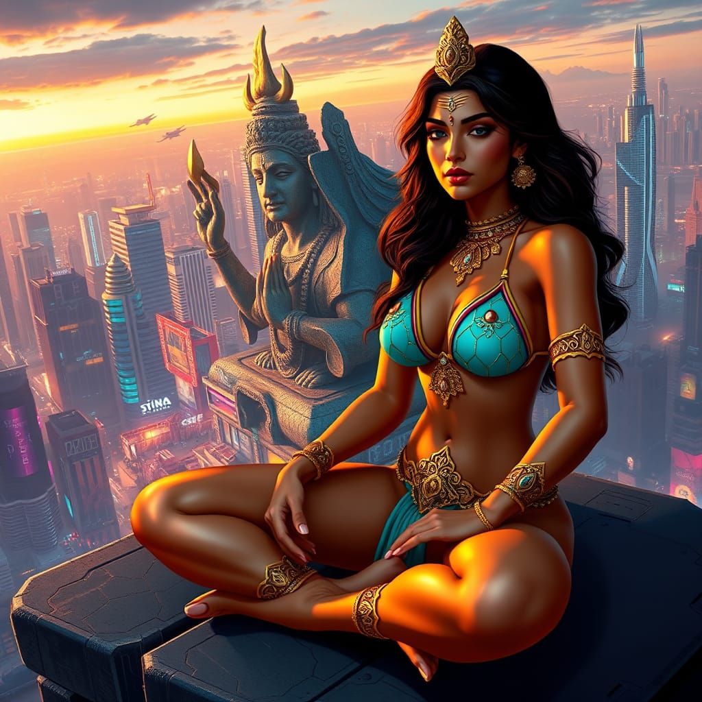 Meditating Woman and Shiva Statue in Cyberpunk City