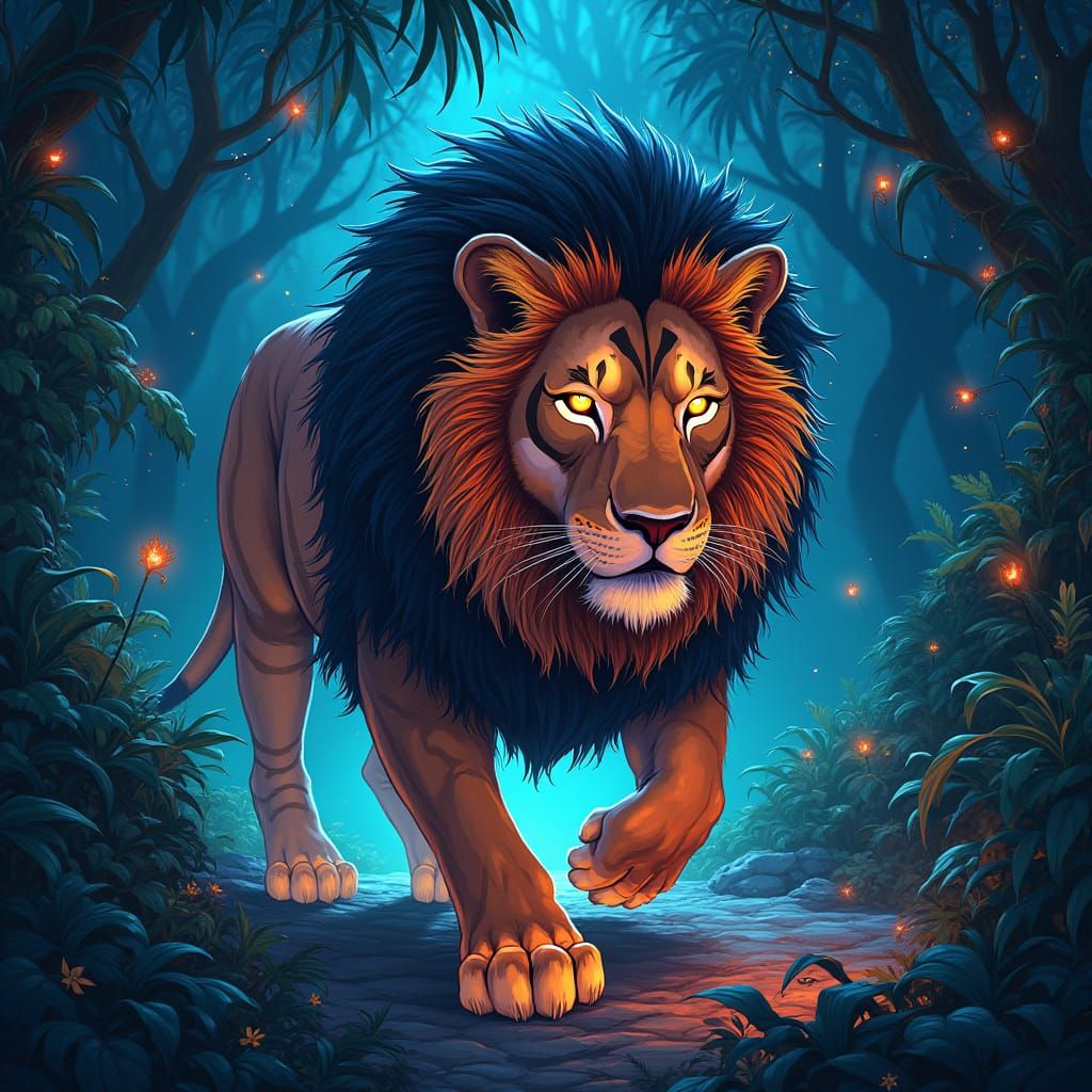 Bioluminescent Jungle Lion in Art Nouveau Style