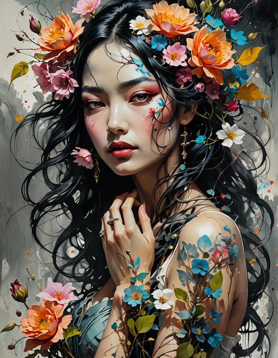 Surrealist Person with Blooming Flowers in Soft Pastel