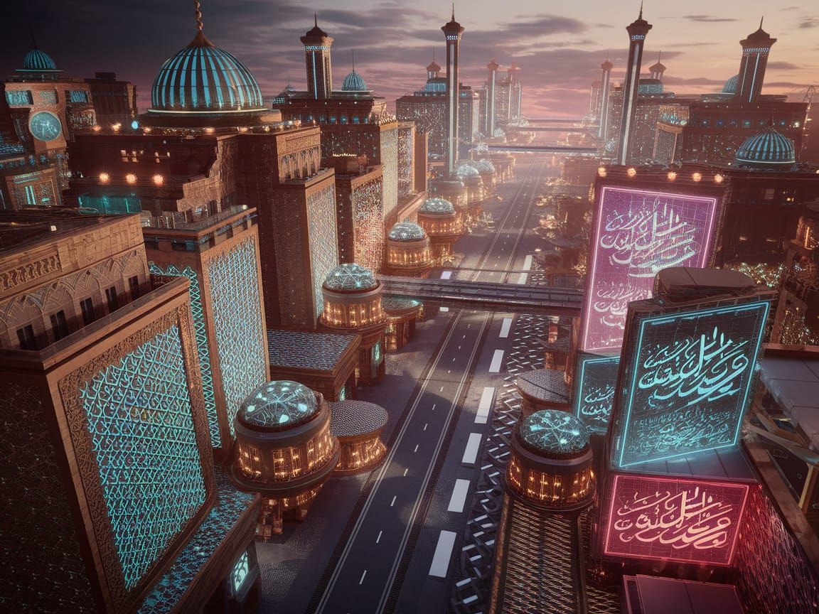 Futuristic Metropolis with Islamic Geometric Patterns