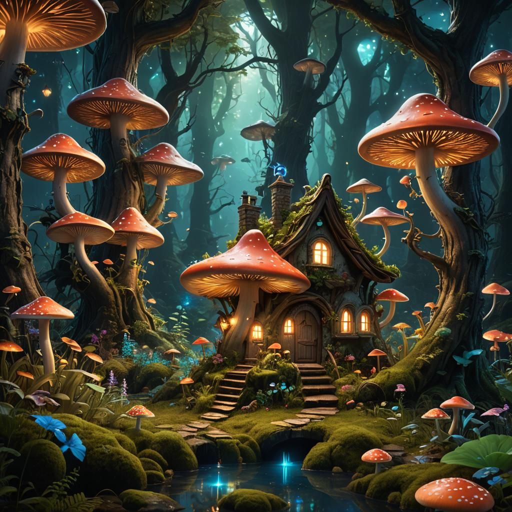 Enchanted Bioluminescent Forest Fairy Mushroom House