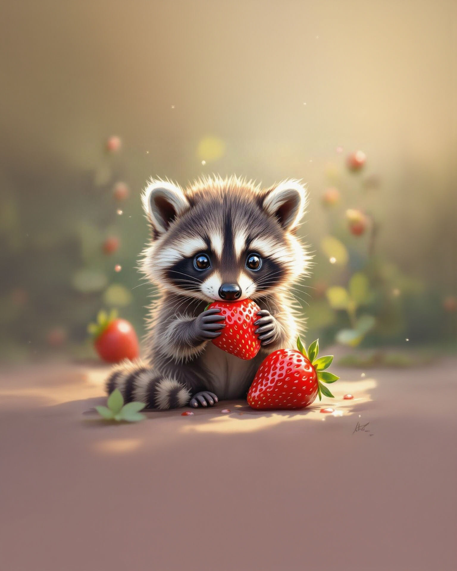 Baby Raccoon Happily Eats Juicy Strawberry