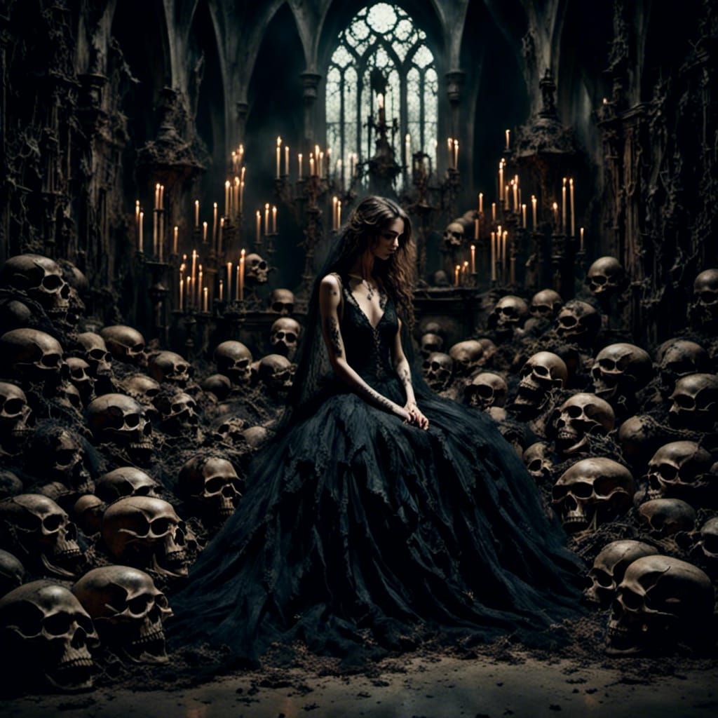 A beautiful woman  in a crypt surrounded by bones and skeletons