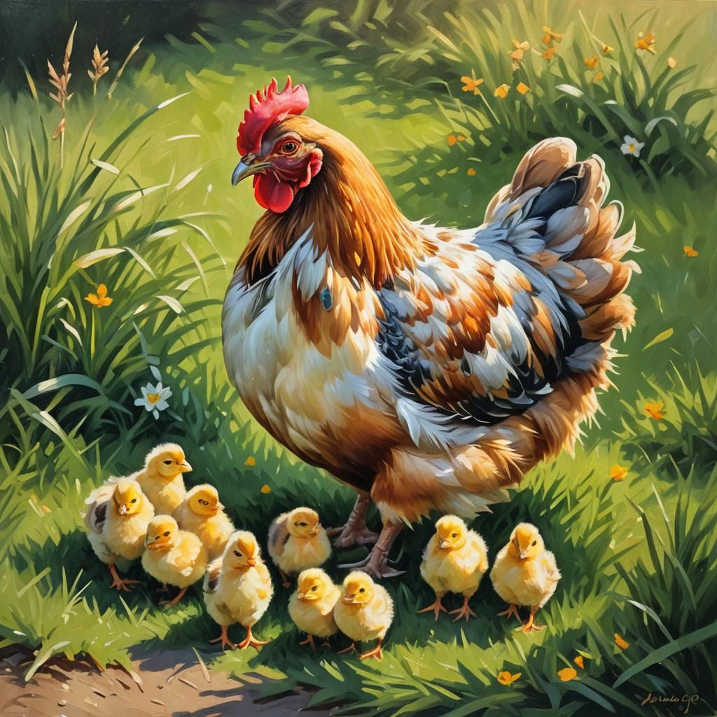 Hen and Chicks in Impressionistic Style