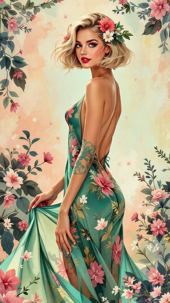 Elegant Spring Goddess in Vintage Pin-Up Pose