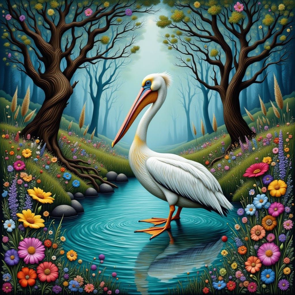 Pelican in Collage of Flowers, Dark Fantasy Art